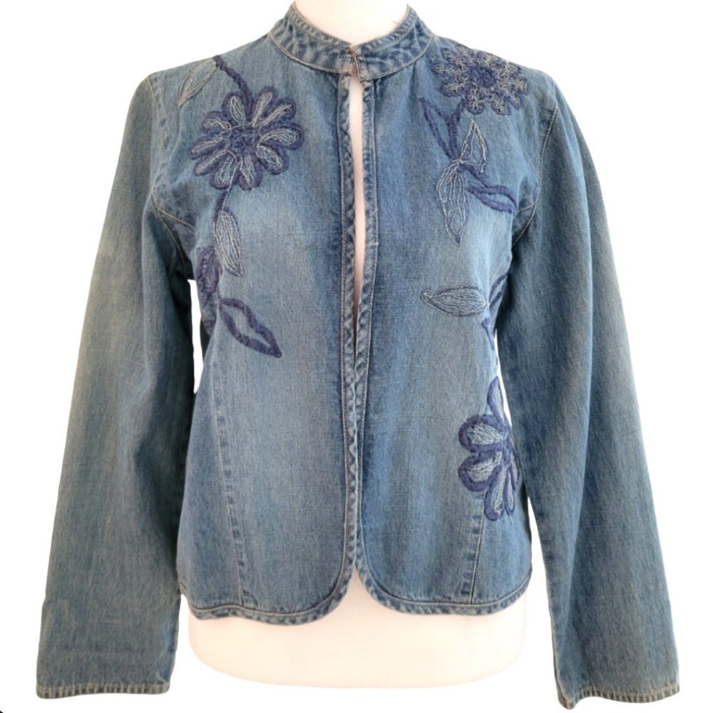 Chico’s Embroidered Denim Jacket - Lightweight Artistic Statement